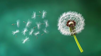 Dandelion seeds and head on green background