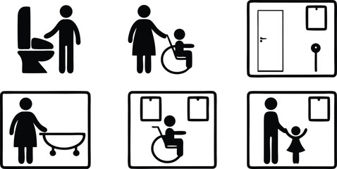 Accessibility Icons Set,Wheelchair, Restroom, and Family Friendly Symbols,medical assistance symbols,restroom and accessibility icon set,seating options,Eight minimalist restroom accessibility signs,