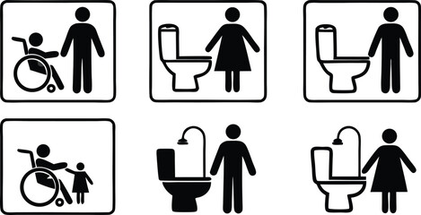 Accessibility Icons Set,Wheelchair, Restroom, and Family Friendly Symbols,medical assistance symbols,restroom and accessibility icon set,seating options,Eight minimalist restroom accessibility signs,