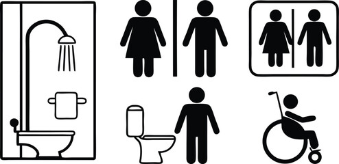 Accessibility Icons Set,Wheelchair, Restroom, and Family Friendly Symbols,medical assistance symbols,restroom and accessibility icon set,seating options,Eight minimalist restroom accessibility signs,
