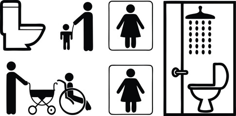 Accessibility Icons Set,Wheelchair, Restroom, and Family Friendly Symbols,medical assistance symbols,restroom and accessibility icon set,seating options,Eight minimalist restroom accessibility signs,
