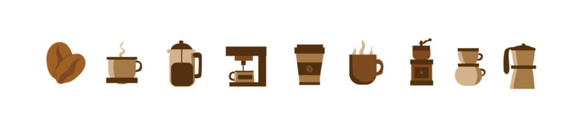 Flat Coffee Icon Set - Coffee Cup, Coffee Bean, Grinder, French Press, Moka Pot, Minimalist Style, Vector Illustration

