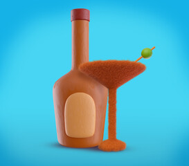 Creative clay bottle with orange fur cocktail cup in creative modern art style. Realistic fashion 3d illustration of alcohol drink for branding bar, restaurant.