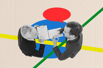 Banner 3d image pop collage of two happy old man young guy business partners speak bubble contract...