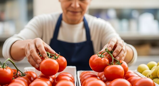 Female chef or shopper holding a handful of fresh, ripe red cherry tomatoes in a kitchen or market setting