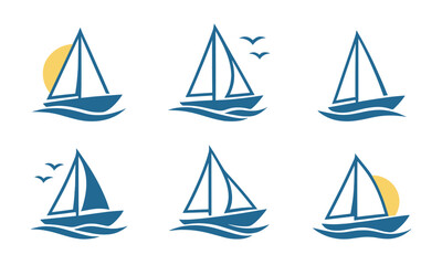 Collection of nautical sailboat icons with waves and sun. This vector illustration is perfect for ocean travel themes, tourism graphics, and summer projects