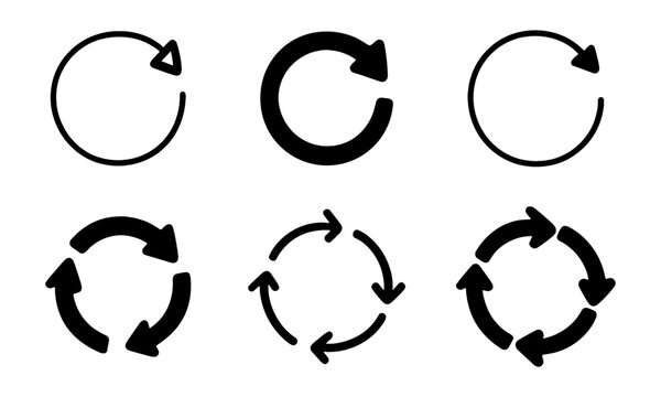 Set of circular arrow icons representing synchronization, repetition, or loop. Useful in interfaces, updates, automation, media players, or process-oriented design