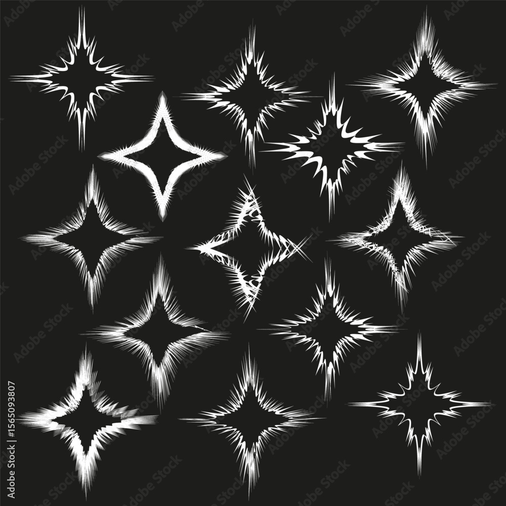 Poster white spark icons. shining star cluster. glowing flare vector. black backdrop pattern.