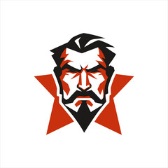 Bold vector illustration of a man's face framed by a red star, showcasing strong features and a confident expression. Ideal for branding, logos, or graphic design projects