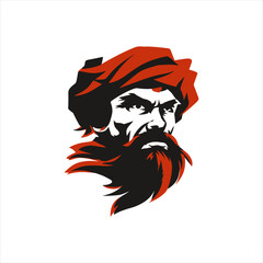 Bold illustration of a pirate with a distinctive red beard and turban, capturing a fierce expression. The image features sharp contrasts and vivid colors, ideal for adventurous themes