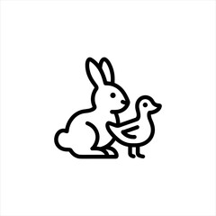 Minimalist vector illustration featuring a rabbit and duck sitting together. Simple black outlines create a charming representation of these animals, perfect for graphic design use