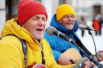 Street performers entertain with music in a lively urban setting