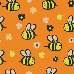 Seamless pattern with bees. Small wasp. Vector illustration. Design for invitation, cards, textile, fabric. Doodle style.