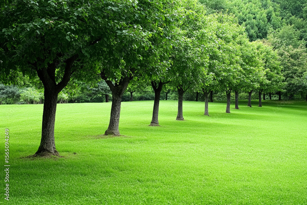 Aufkleber row of vibrant trees in a lush orchard creating a serene atmosphere