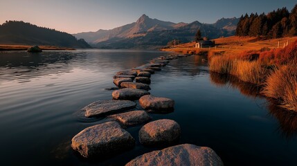 Lakeside limestone path: Mirror-water reflecting mountain forests with golden shoreline cottage, gradient sky framing serene harmony for national park tourism or luxury hospitality art.

