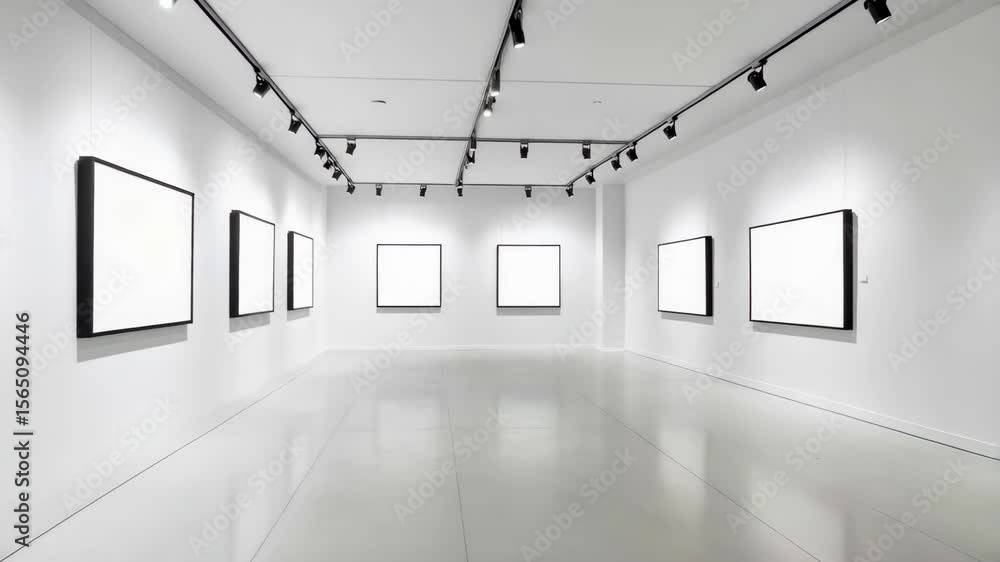 Wall mural wide angle view of gallery space with modern track lighting system and blank frames hanging on prist