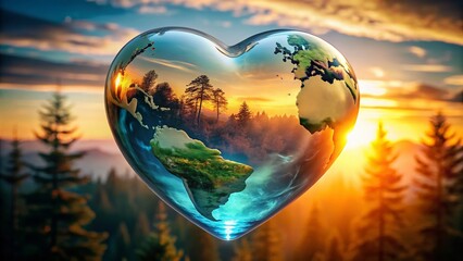 Heart-Shaped Indigo Globe: Sunrise Earth Love & Environmental Care Stock Photo