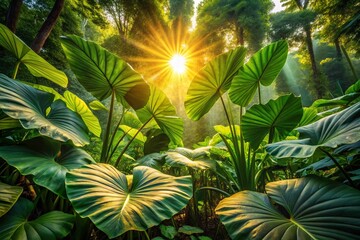 Lush Jungle Understory with Giant Elephant Ear Plants and Sunlight