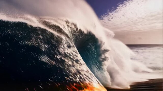 Majestic ocean wave curling with sea spray against bright blue sky for power and energy, dynamic scene of nature at its finest. - Powered by Adobe