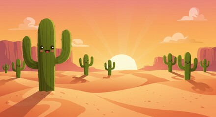 Arizona Sunset Cactus Cartoon Landscape - Happy cacti greet the sunset in an Arizona desert landscape. Symbolism: joy, nature, warmth, serenity, arid beauty