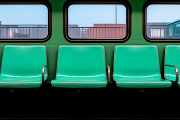 Windows of a train showing empty seats during early morning commute