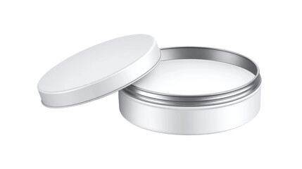Open white metal jar with an exposed silver rim and a slightly angled lid