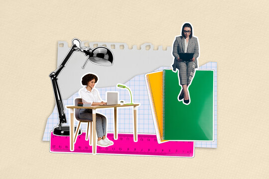 Image poster trend collage of two happy teenage schoogirls sit class surf laptop notepad supplies lamp ruler back to school education