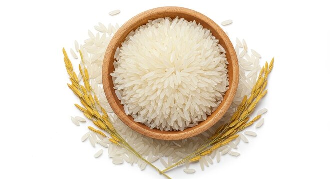 Bowl of White Rice and Rice Stalks - A wooden bowl filled with uncooked white rice, surrounded by rice stalks on a white background. Perfect for food blogs, culinary websites, and packaging