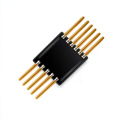 Detailed Black Integrated Circuit Chip with Metallic Gold Pins on White Background
