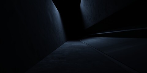 3d rendering of black abstract geometric modern dark room background. Scene for advertising design, showroom, technology, future, modern, sport, game, spaceship, warehouse, garage. Sci Fi Illustration