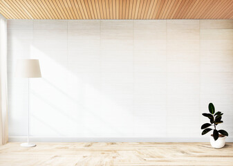 Natural Wood Ceiling with White Sofa Background and Small Green Plants, Cozy Eco-Friendly Living Room Ambiance