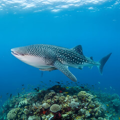A whale shark swims gracefully over a vibrant coral reef