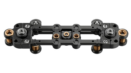 Black metal modular construction with multiple holes, screws, springs, and fittings.