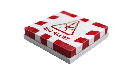Biohazard alert square sign with red stripes and symbol on transparent background.