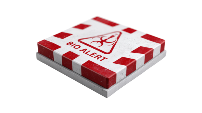 Biohazard alert square sign with red stripes and symbol on transparent background.