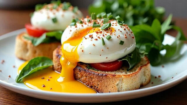poached egg with leaking yolk, protein healthy food, egg benedict keto diet recipe, low calorie breakfast toast.