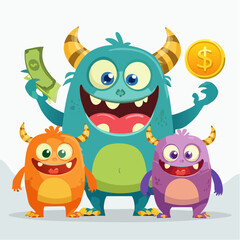 Naklejka premium Friendly monster characters teaching about money
