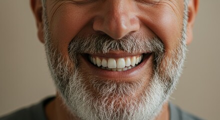 Fototapeta premium Genuine Smile of a Mature Man - Close-up of a smiling older man with a gray beard, showcasing healthy teeth and a joyful expression
