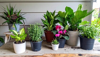 Assortment of potted houseplants displayed on weathered wooden shelf indoors