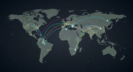 Obraz premium Global Network Connections - A stylized world map illustrating interconnectedness through glowing lines representing global communication and data transfer