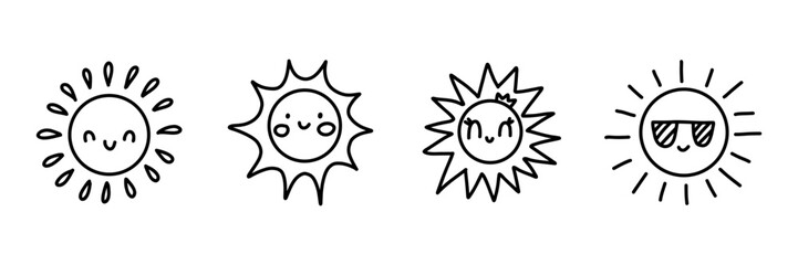 Cute hand-drawn doodle suns with happy faces in different styles. Funny summer cartoon set with smiling sun characters, perfect for kids design, prints, stickers, and weather themes