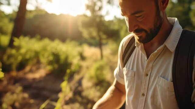 Man carries a wooden crate full of collected almonds in a sunny orchard, harvesting nuts on a rural farm, displaying natural bounty.