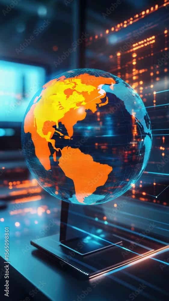Poster a computer screen displaying a glowing globe, suitable for use in presentations and designs about te