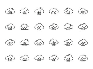 Cloud-Based Data Analytics Icon Set  24 Minimal Line Style Cloud and Graph Symbol Illustrations for Web, App UI, SaaS Dashboard, Data Visualization, and Cloud Computing Design