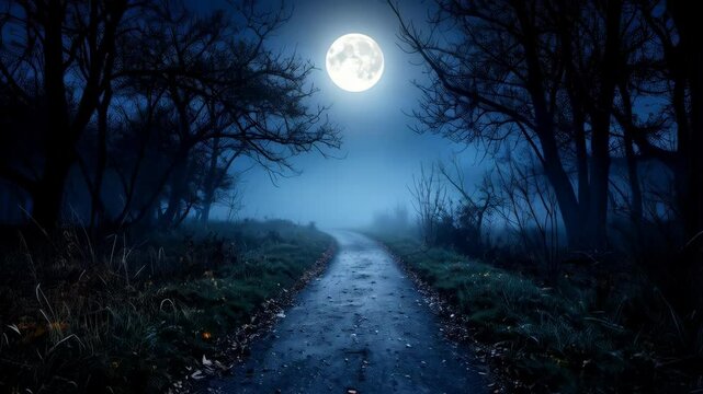 Eerie moonlit path through dark forest with silhouettes of trees and mystical fog casting an ominous glow across the landscape