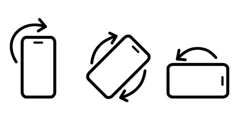 Vector illustration of three smartphone screen rotation icons in different orientations-portrait, diagonal, and landscape-each with bold directional arrows symbolizing device motion