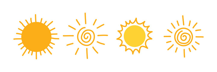 Set of hand-drawn yellow sun icons in doodle style. Summer symbols with spiral and ray designs. Perfect for weather forecast, childrens decor, prints, and sunny-themed projects. Vector illustration