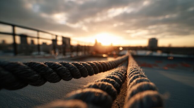 First-Person View of Jumping Rope on Rooftop at Sunset with Cityscape