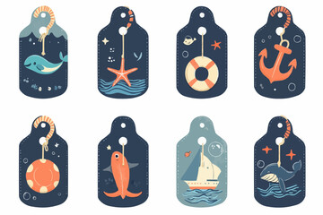 Playful flat marine tag collection with childlike boats, whales, lifebuoys and starfish on dark background for packaging, summer crafts and festive children’s decor

