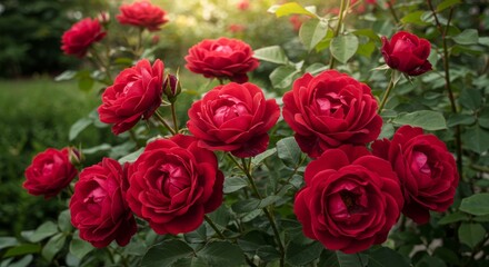 Fototapeta premium Lush Red Rose Garden Blooms - Vibrant red roses in full bloom, showcasing their rich color and lush petals in a beautiful garden setting